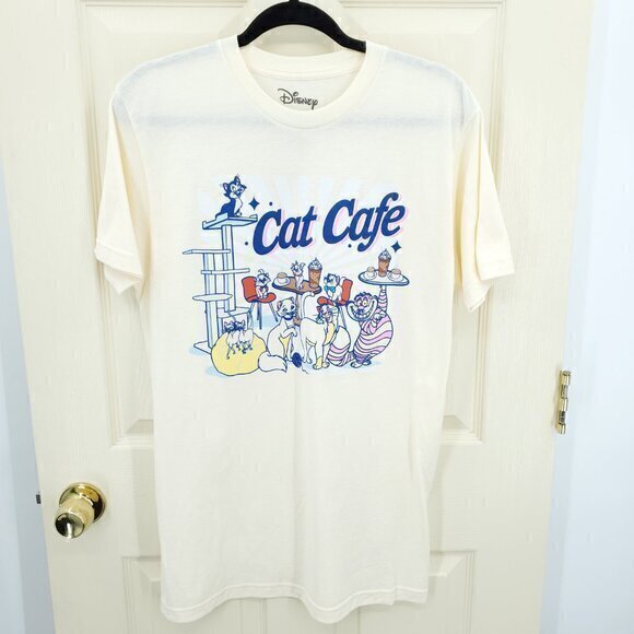 Disney Cat Cafe Graphic Short Sleeve T-Shirt M Cream/Blue - Picture 1 of 11